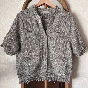 J.Crew XL Short Sleeve Fringe Cardigan Jacket Sweater Gray Cotton Linen Blend